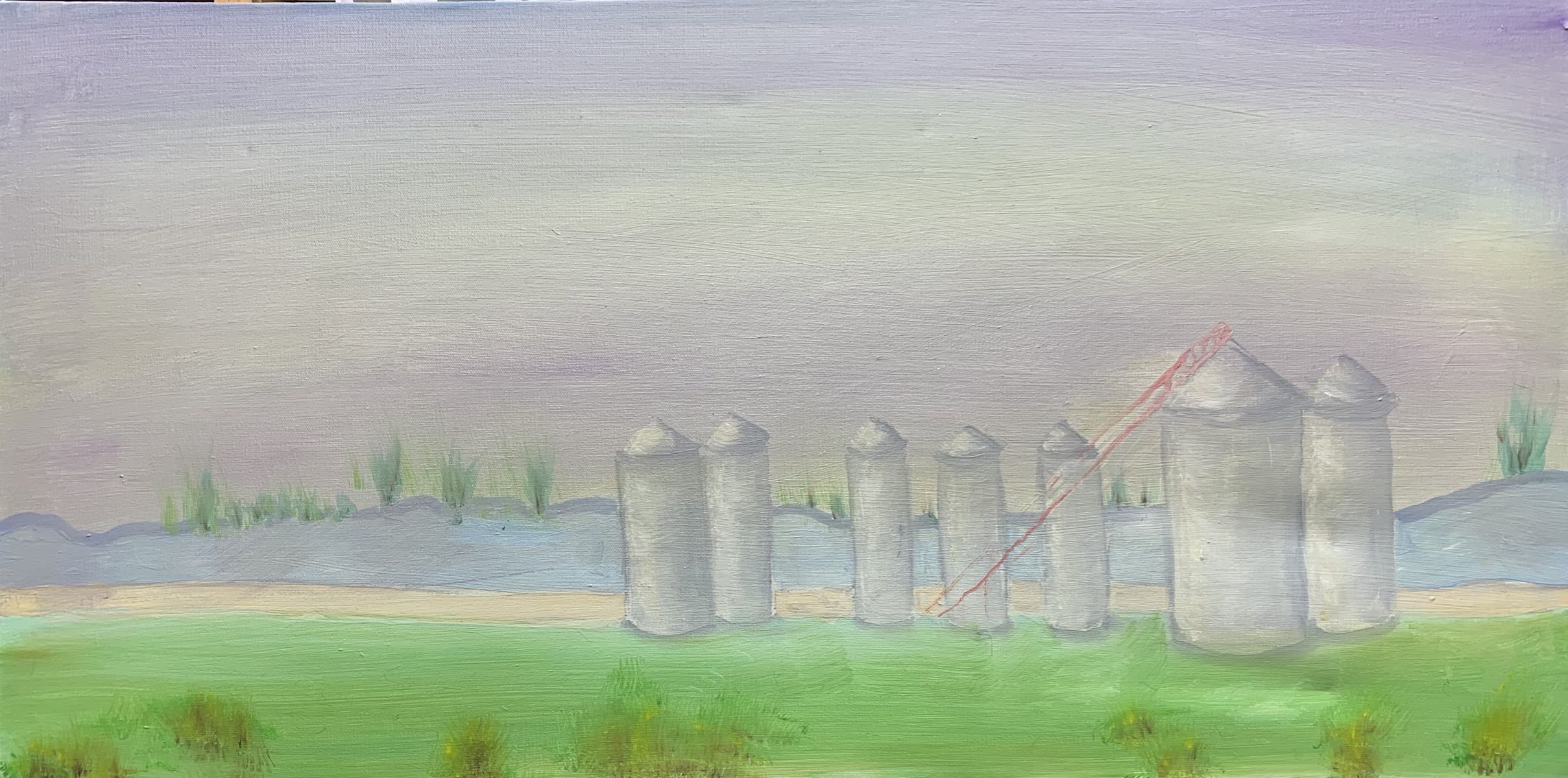 New town silos in fog - 50 inches x 19 inches - oil on canvas - $600