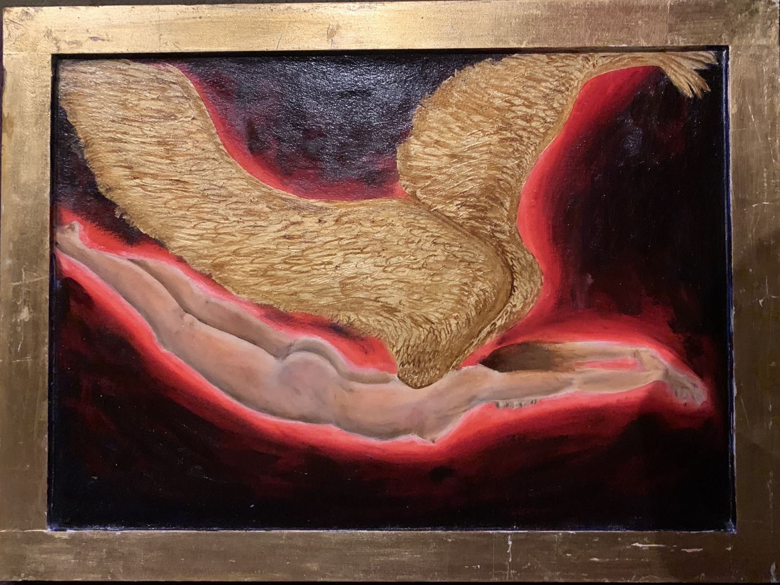 red angel - 18 inches x 24 inches - oil on wood panel with gold leaf - $200